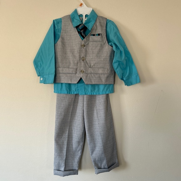 🍁Turquoise Button Down 4 Piece Toddler Suit Set - Picture 1 of 8